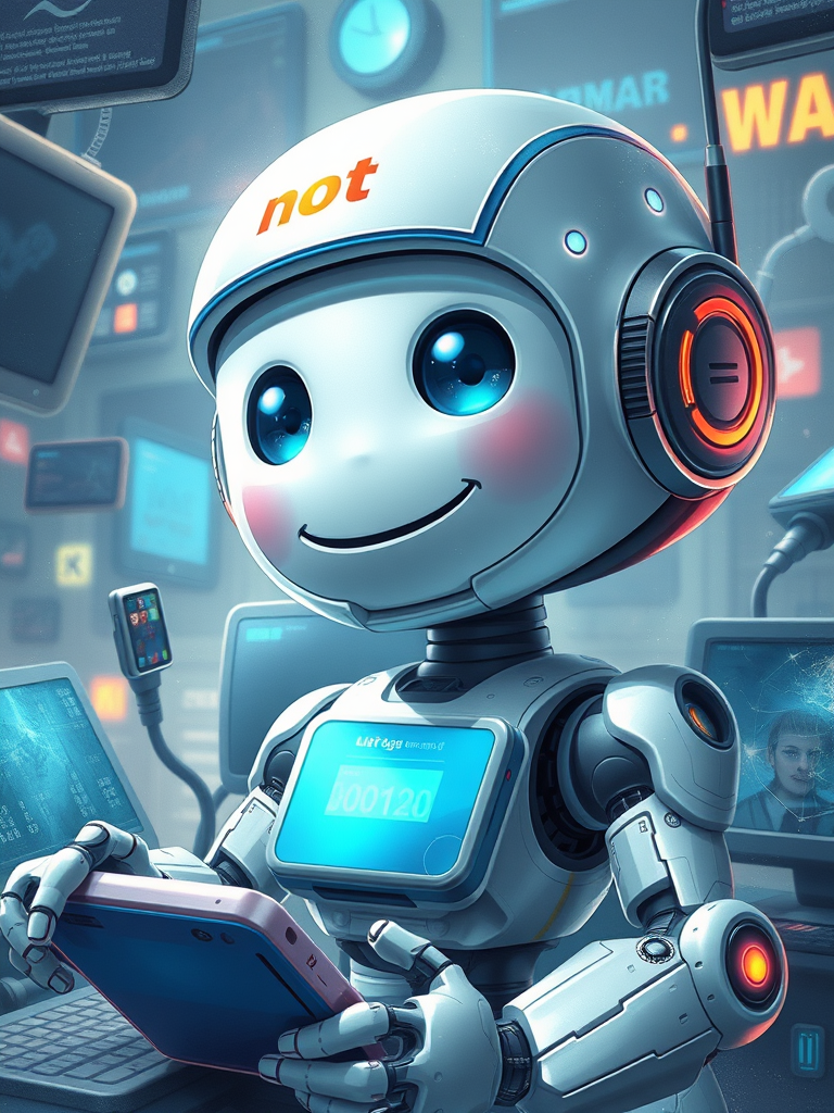 cute-robot-smiling-surrounded-by-digital-devices
